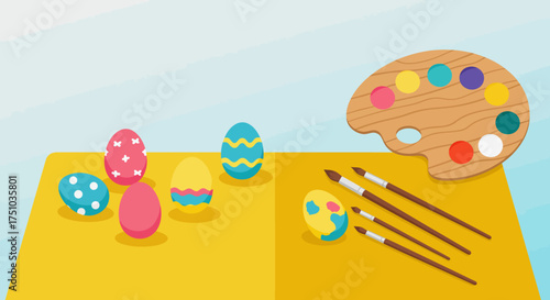 Creative Easter activity with colorful painted eggs, brushes, and a paint palette on a yellow surface.