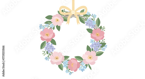 A charming floral wreath illustration with pink and light blue flowers and a yellow ribbon on top.
