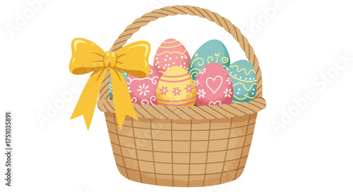 A festive wicker Easter basket filled with colorful decorated eggs and a yellow bow, isolated on a white background.