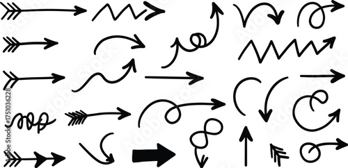 Collection of Hand Drawn Black Arrows and Swirls on White Background direction pointer
