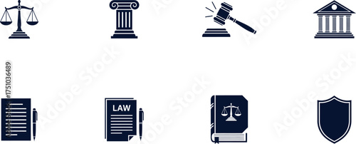 law and justice icon vector set featuring legal scales, documents, and protection concepts for firm branding