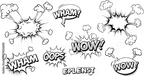 Comic Book Sound Effect Speech Bubbles Wham Pow Oops Eplenst Now vector
