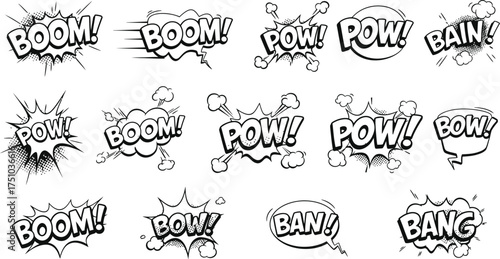 Comic Book Sound Effect Speech Bubbles B O M P O W B A N B A N G boom