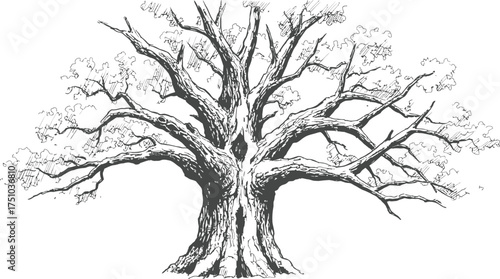 Detailed black ink sketch of a mature oak tree with sprawling branches and textured bark tree silhouette