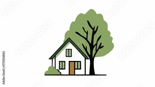 Eco house with green tree, minimalist vector illustration representing sustainable living and eco-friendly architecture, isolated on white background