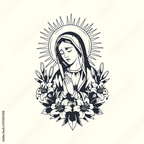 Vintage tattoo style illustration of Virgin Mary with a halo, surrounded by flowers. christian Religious symbolism.