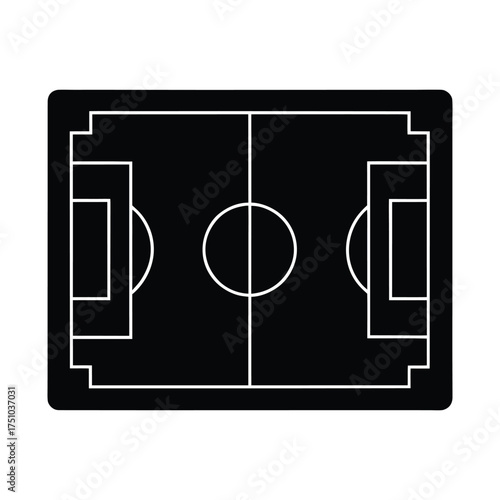 Top-down view of a minimalistic black and white vector illustration depicting a standard soccer football pitch, ready for match play and athletic competition