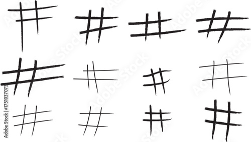 Collection of handdrawn hashtag symbols in various sizes