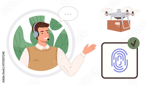 Customer service agent with headset gestures towards quadcopter delivery and fingerprint authentication. Ideal for tech support, innovation, logistics, automation, security, verification, reliable