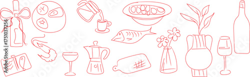 Collection of food and drink items, plants, and decor.