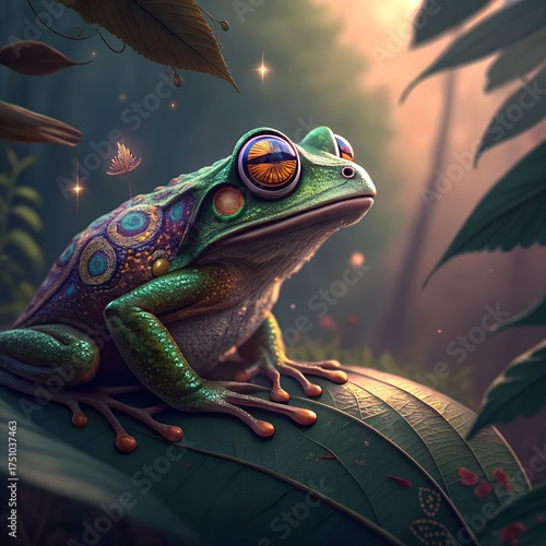 Psychedelic Frog – Surreal Amphibian with Hallucinatory Eyes, Detailed Close-Up Illustration