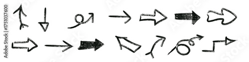 Hand Drawn Arrow Set Icon, Grunge Brush Stroke Arrow Signs Isolated on White Background
