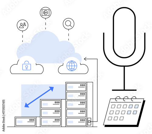 Cloud computing icons include database servers, security lock, global connection, people sharing, search symbol. Enlarged microphone and calendar suggest data management and voice interaction. Ideal
