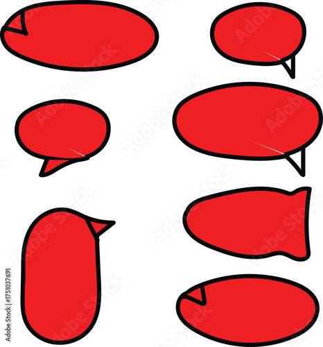 Collection of eight red speech bubbles and thought bubbles in various shapes and sizes on a white background