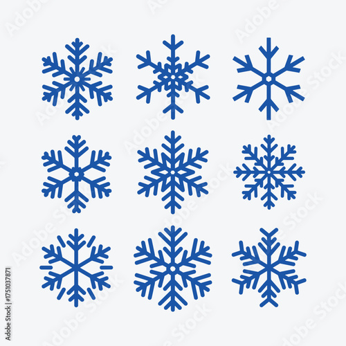 Snowflake icons Set, A collection of nine different intricately designed blue snowflake icons unique pattern.