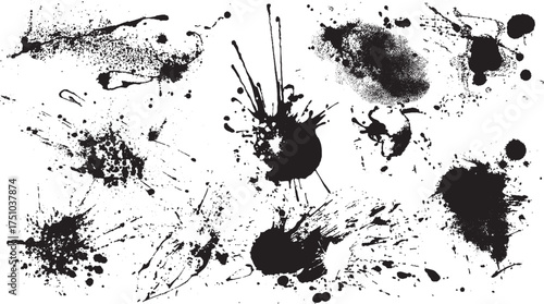 Grunge decoration graphic pack with graffiti spray brush strokes and paint splatter texture design set