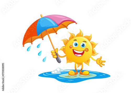3d icon of happy cartoon sun character holding an umbrella and splashing water, isolated on transparent background. vector icon