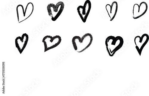 Hand-drawn grunge heart doodle set — ink brush sketch hearts collection on white background
