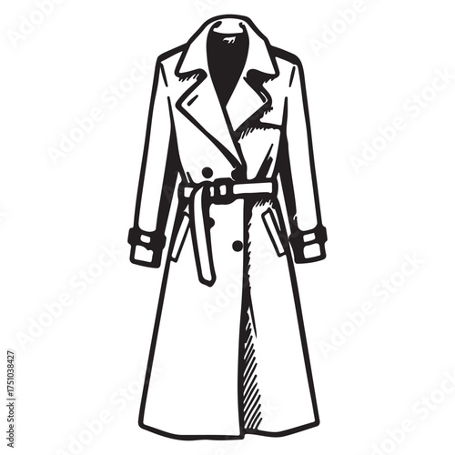 Elegant black and white sketch of a classic trench coat with belt and details a timeless fashion staple