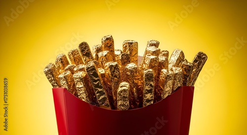 Golden Wrapped French Fries in Red Carton on Yellow Background - Luxury Fast Food Concept
