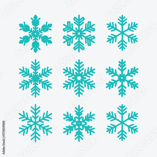 Snowflake icons Set, A collection of nine different intricately designed blue snowflake icons unique pattern.