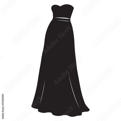 Elegant Black Gown Illustration for Fashion and Design Projects Ideal for Wedding Invitations or Evening Wear Concepts with a Strapless Neckline