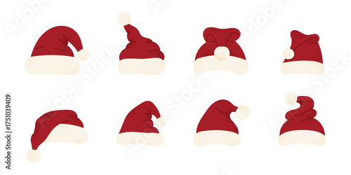 Christmas Santa hats set. Collection of cute red winter caps with white fur trim and pompom. Festive holiday accessories for Xmas design. Flat vector illustration isolated on white background.