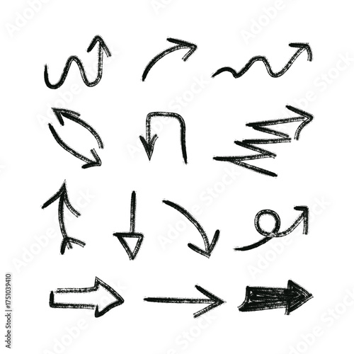 Grunge Hand Drawn Arrows Set, Brush Stroke Direction Icons Isolated Vector Illustration