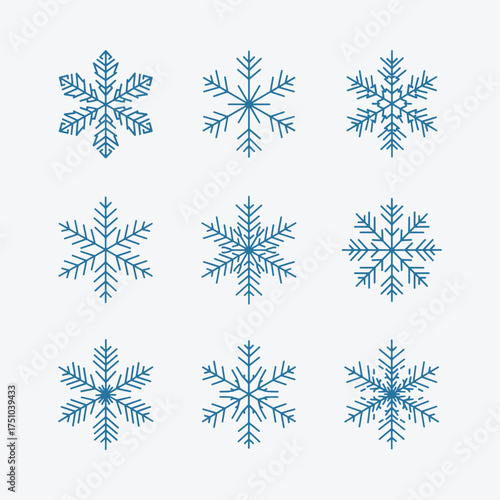 Snowflake icons Set, A collection of nine different intricately designed blue snowflake icons unique pattern.