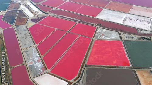 Aerial view of Pink lake salt production