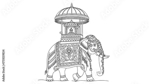 High-Quality Continuous Line Art of Decorated Elephant Carrying Sacred Relic, Minimalist Black and White Vector Illustration Symbolizing Tradition, Culture, and Perahera Festival Grandeur