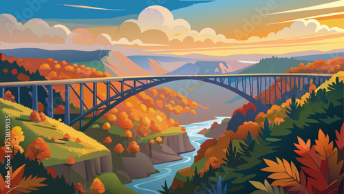 Very beautiful aerial view of New River Gorge Bridge surrounded by Appalachian Mountains and lush autumn forest under a soft morning light in West Virginia, USA.
