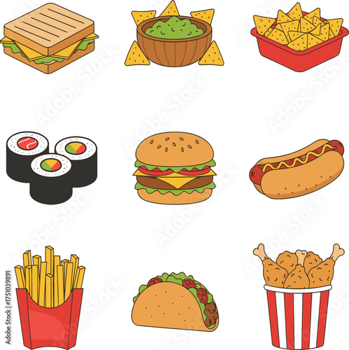 fast food and popular snacks icon set