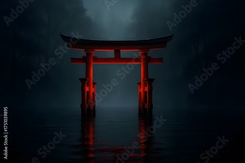Floating Torii Gate in Misty Water with Soft Red Glow