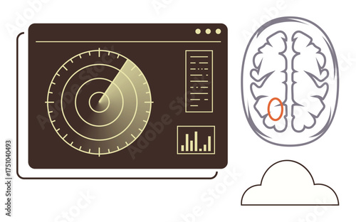 Radar analysis screen with charts alongside a brain diagram highlighting a specific area. Ideal for neuroscience, medical research, AI, machine learning, data analysis, diagnostics, technology