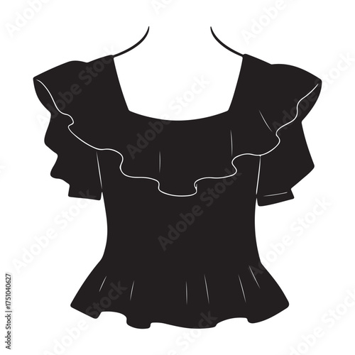Elegant Black Ruffled Blouse Vector Illustration for Fashion Design and Style Guides Minimalist Clothing Template for Designers