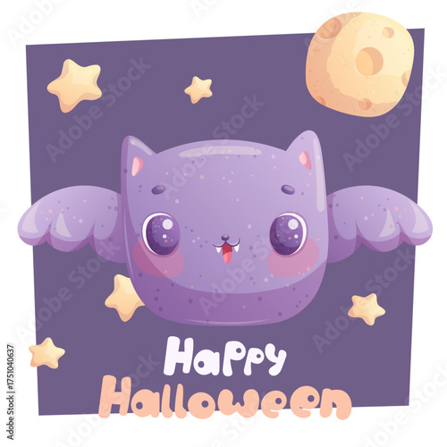Halloween greeting card design. Cute bat on the background of the night sky. Cartoon children's vector illustration for the design of postcards, postcards for printing, postcards, posters, banners