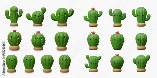 A collection of cute cartoon cactus illustrations with smiling faces and various shapes, arranged in rows on a transparent background.