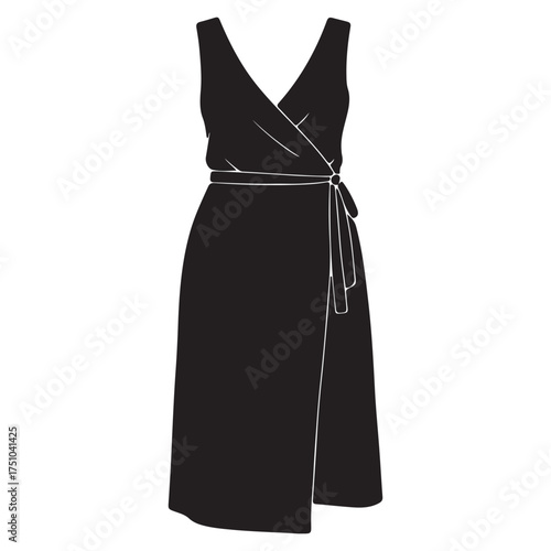 Elegant black wrap dress illustration with a cinched waist and a stylish split skirt perfect for fashion designs and apparel mockups