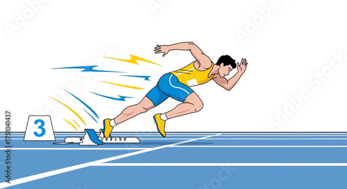 A dynamic flat design illustration depicting a male sprinter bursting from the starting blocks, emphasizing power and speed on the track. This visual captures the intense focus and explosive