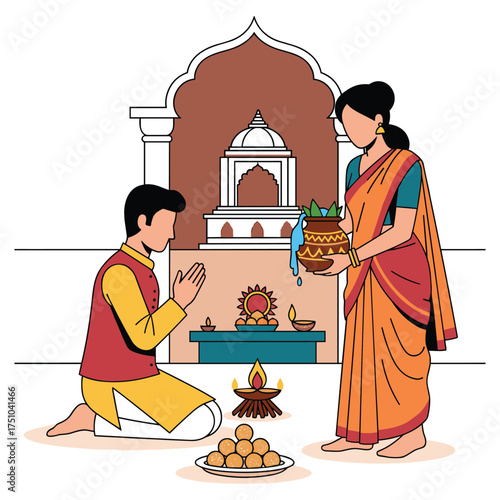 Hindu couple performing traditional puja ceremony at home