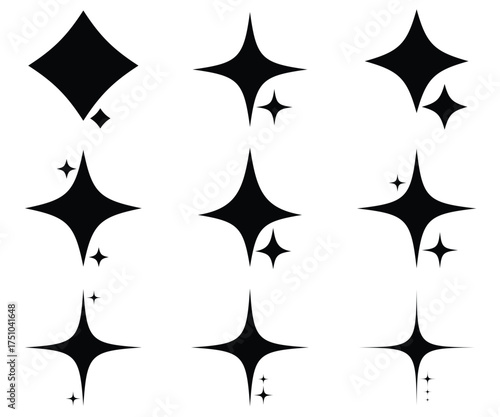 Vector Starburst and Sparkle Icons Set – Black Star, Sun, Flash, Flare, Twinkle and Radiance Symbols on White Background