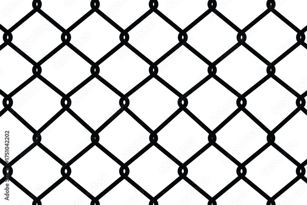 Fototapeta premium Seamless black outline vector pattern of a chain link fence or wire mesh. Interlocking diamond grid texture representing security, barrier, and enclosure. Flat, graphic, and isolated on white.