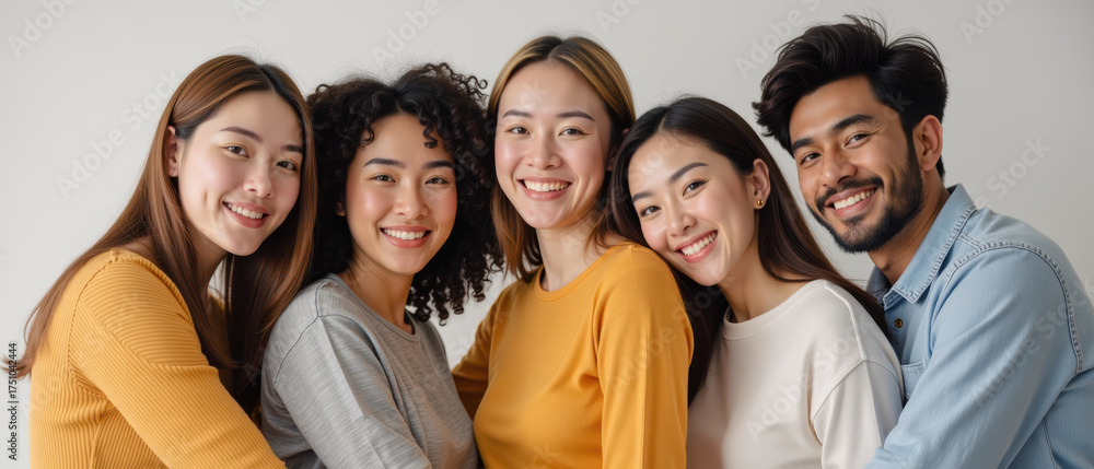 Fototapeta premium Friendly group of young adults smiling together, showcasing diversity and joy in cozy indoor setting