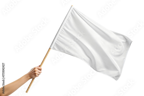 A hand holds a bright white flag on a simple wooden pole, waving it softly, perfectly isolated transparent png.