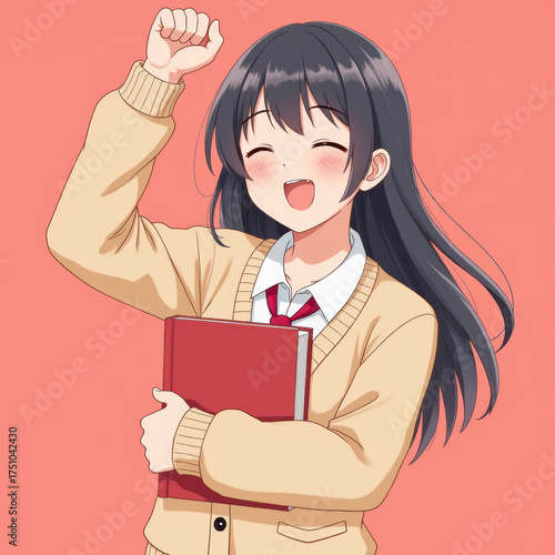 Cheerful girl with long black hair, wearing beige sweater and holding red book, expressing joy and excitement