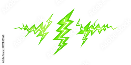 Green lightnings. Electric strikes, thunderbolt discharges. Glowing green electric lightning bolt effects. Charged energy flashes, fantasy aura, power