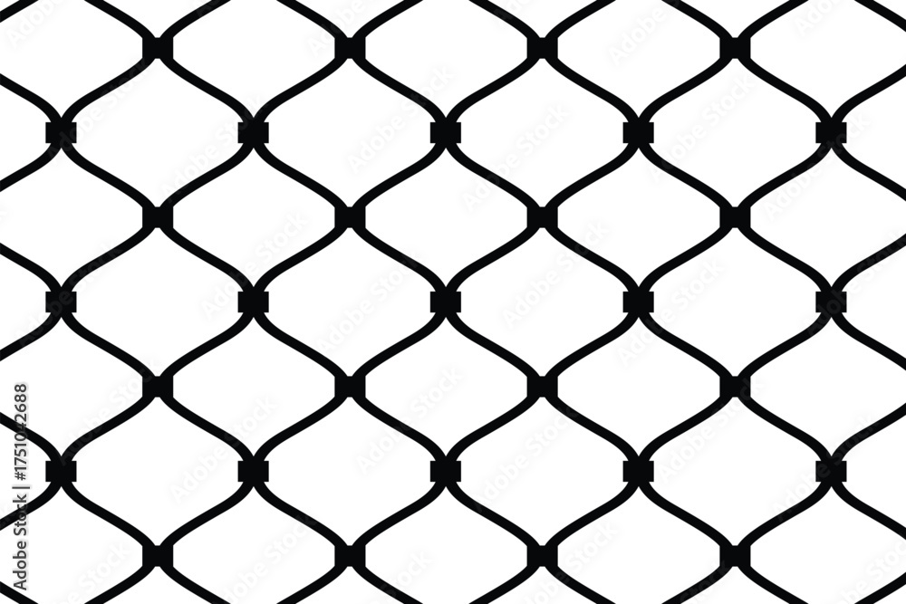 Naklejka premium Seamless black outline vector pattern of a chain link fence or wire mesh. Interlocking diamond grid texture representing security, barrier, and enclosure. Flat, graphic, and isolated on white.