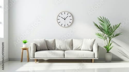 Modern Light Gray Sofa in Bright Minimalist Living Room with Green Plant and Wall Clock