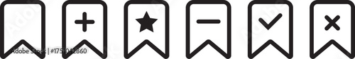 Bookmark Add and remove  icon set. plus and minus sign. Includes save, check and cross symbols. Bookmark action icons with symbols Vector
